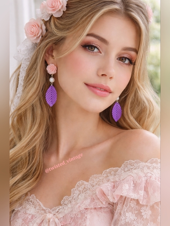 Handmade Jewelry - Handmade Romantic Rose Pearl Leaf Earrings in Pink Purple White Acrylic